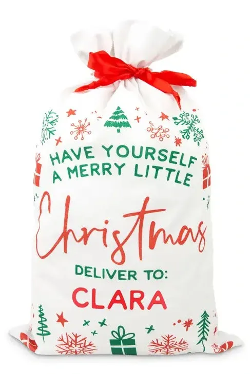 Large Personalized Drawstring Santa Sack for Gifts - Merry Little Christmas