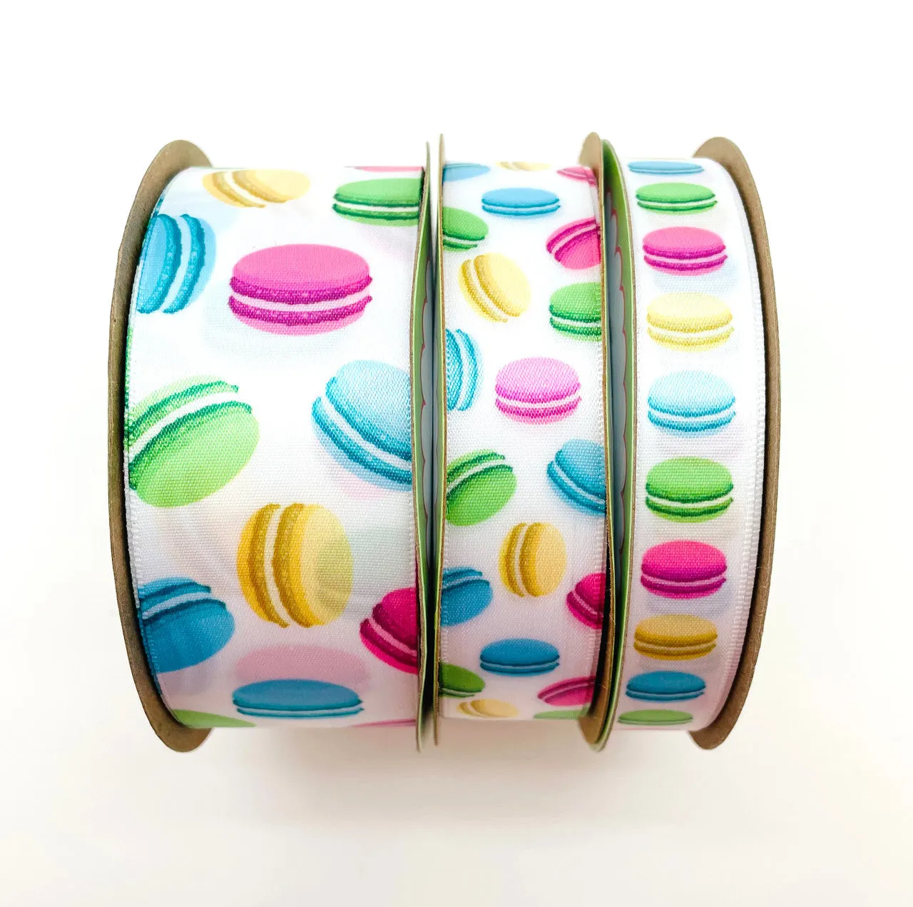 Macaroon ribbon cookies in pastel printed on 7/8" white satin