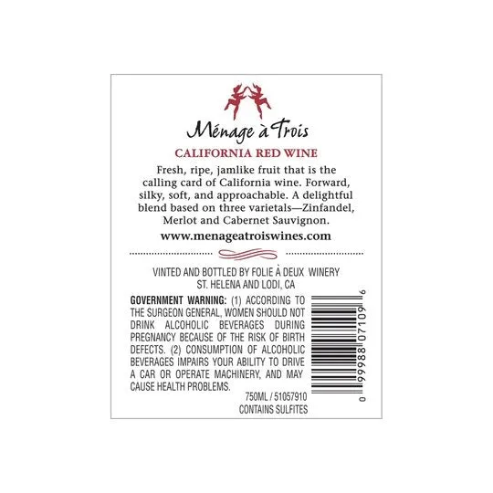 Menage a Trois California Red Blend Red Wine, 750 ml Bottle