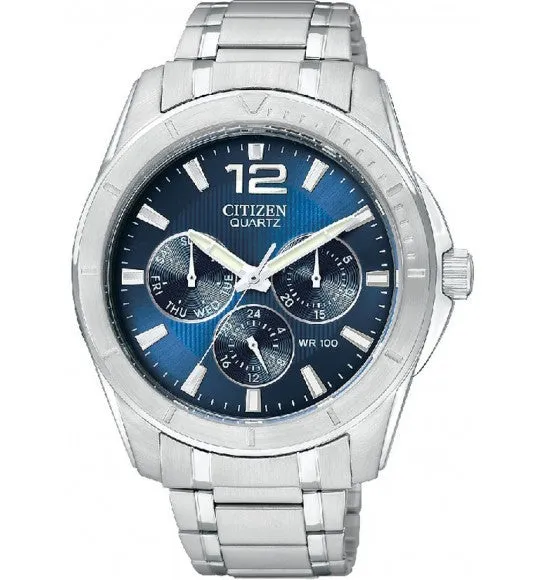 Multifunction Blue Dial Stainless Steel Mens Watch AG8300-52L