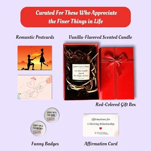 Perfect Romantic Couple Gift | Thoughtful Gift for Husband, Wife, Girlfriend, Boyfriend, Newlyweds | Love Gift | Couple Gifts Ideas | Includes Scented Candle, Affirmation, Postcards, Badges