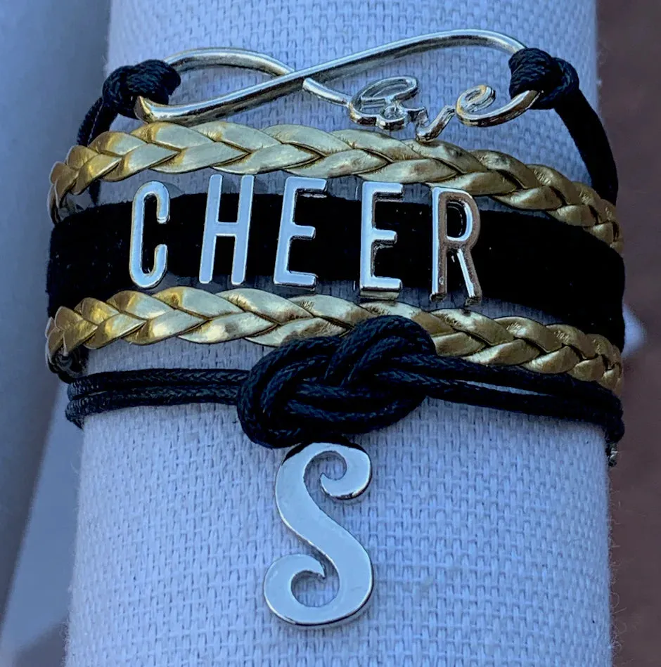 Personalized Cheer Infinity Charm Bracelet with Letter Charm - Pick Color