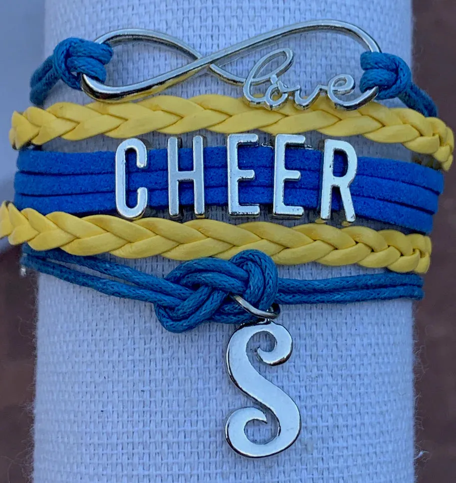 Personalized Cheer Infinity Charm Bracelet with Letter Charm - Pick Color