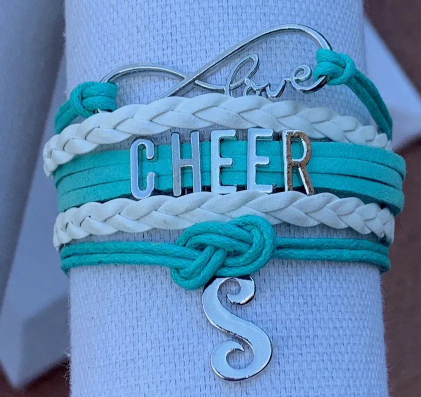 Personalized Cheer Infinity Charm Bracelet with Letter Charm - Pick Color