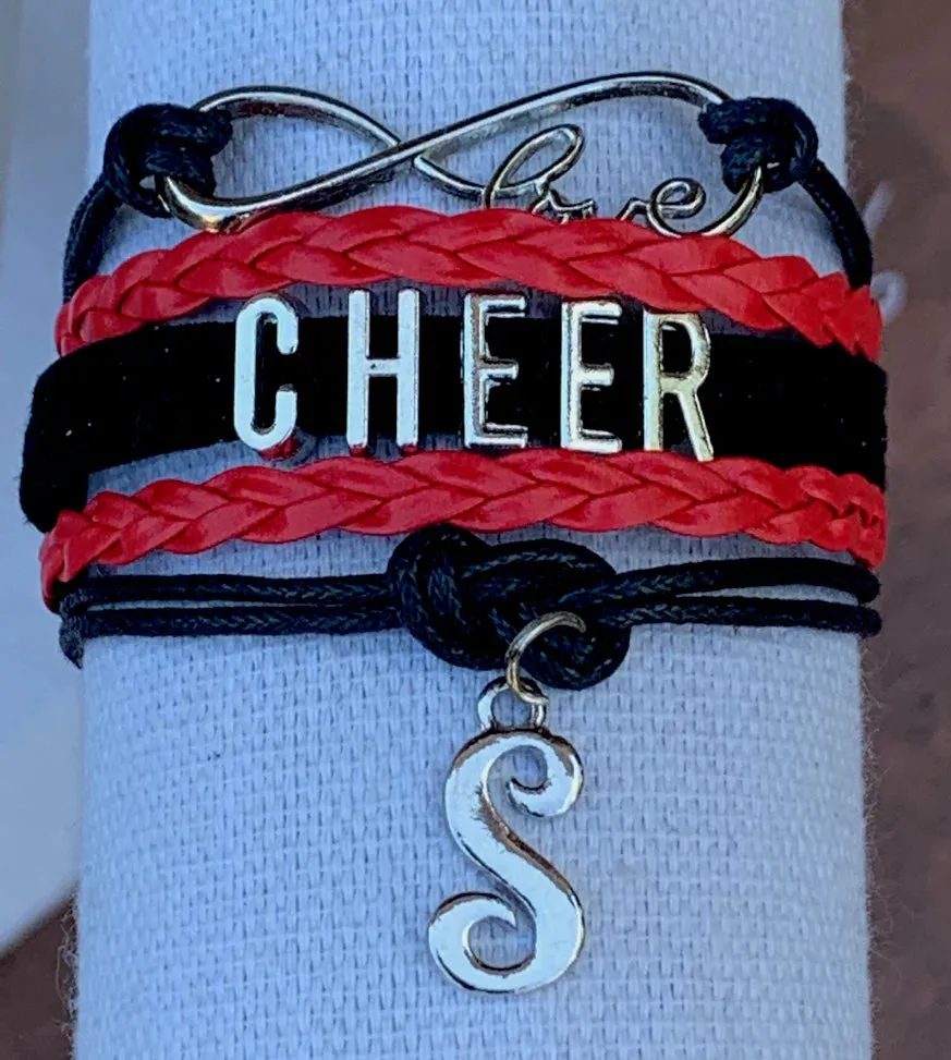 Personalized Cheer Infinity Charm Bracelet with Letter Charm - Pick Color