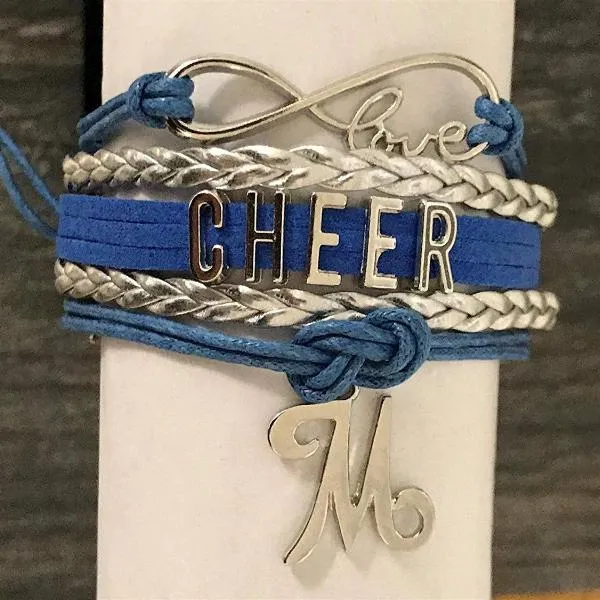 Personalized Cheer Infinity Charm Bracelet with Letter Charm - Pick Color