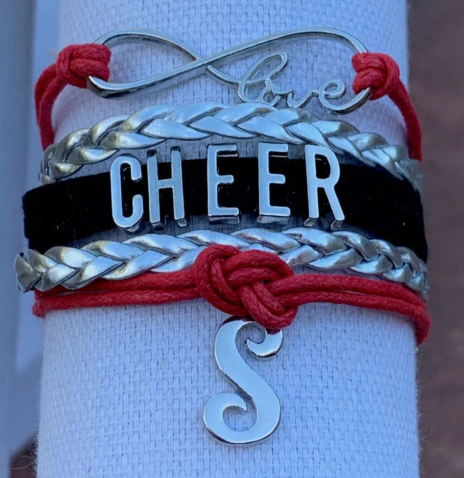 Personalized Cheer Infinity Charm Bracelet with Letter Charm - Pick Color