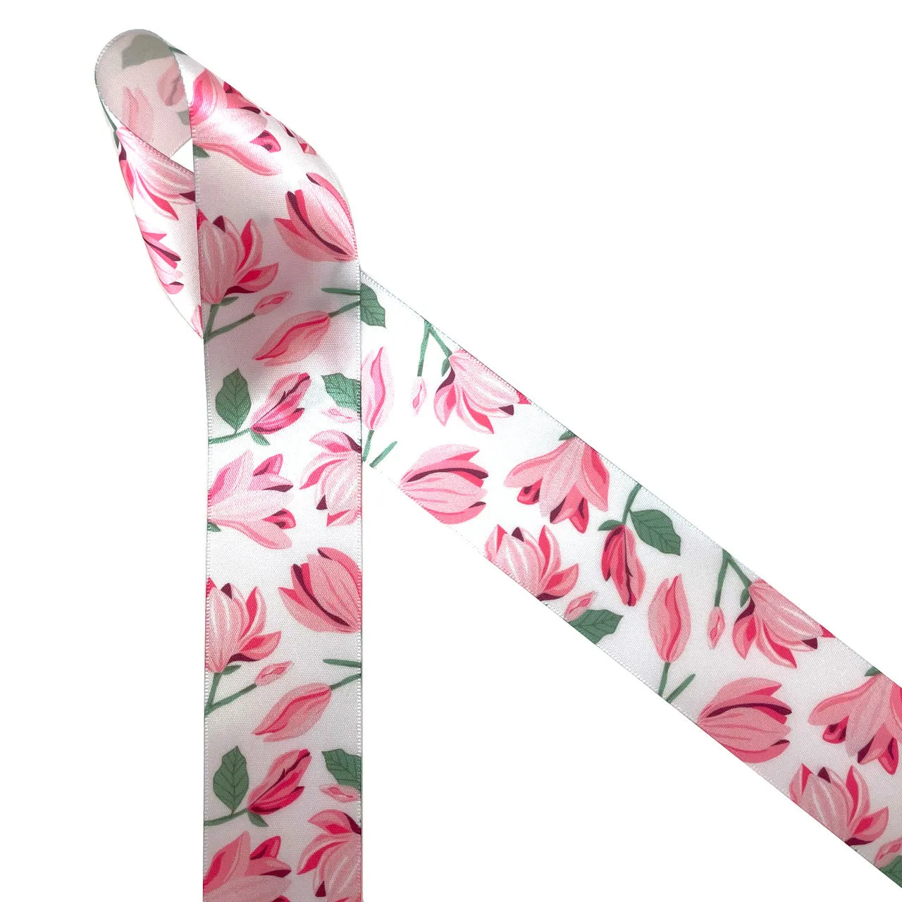 Pink Magnolia ribbon magnolia blossoms printed on 1.5 white satin