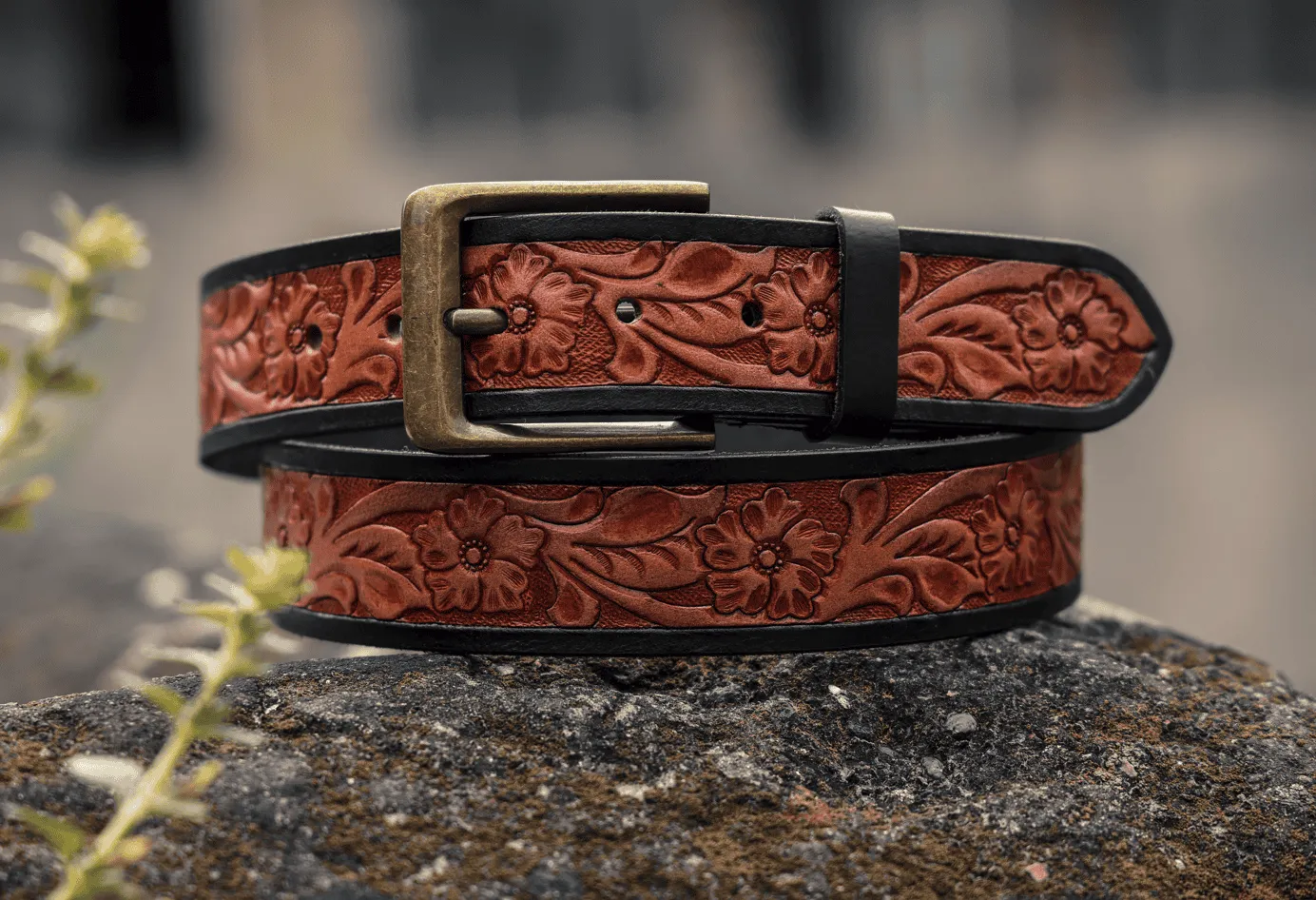 Premium Hand-Made Brown and Black Tooling Belt with Brass Antique Buckle. Art: LB-802