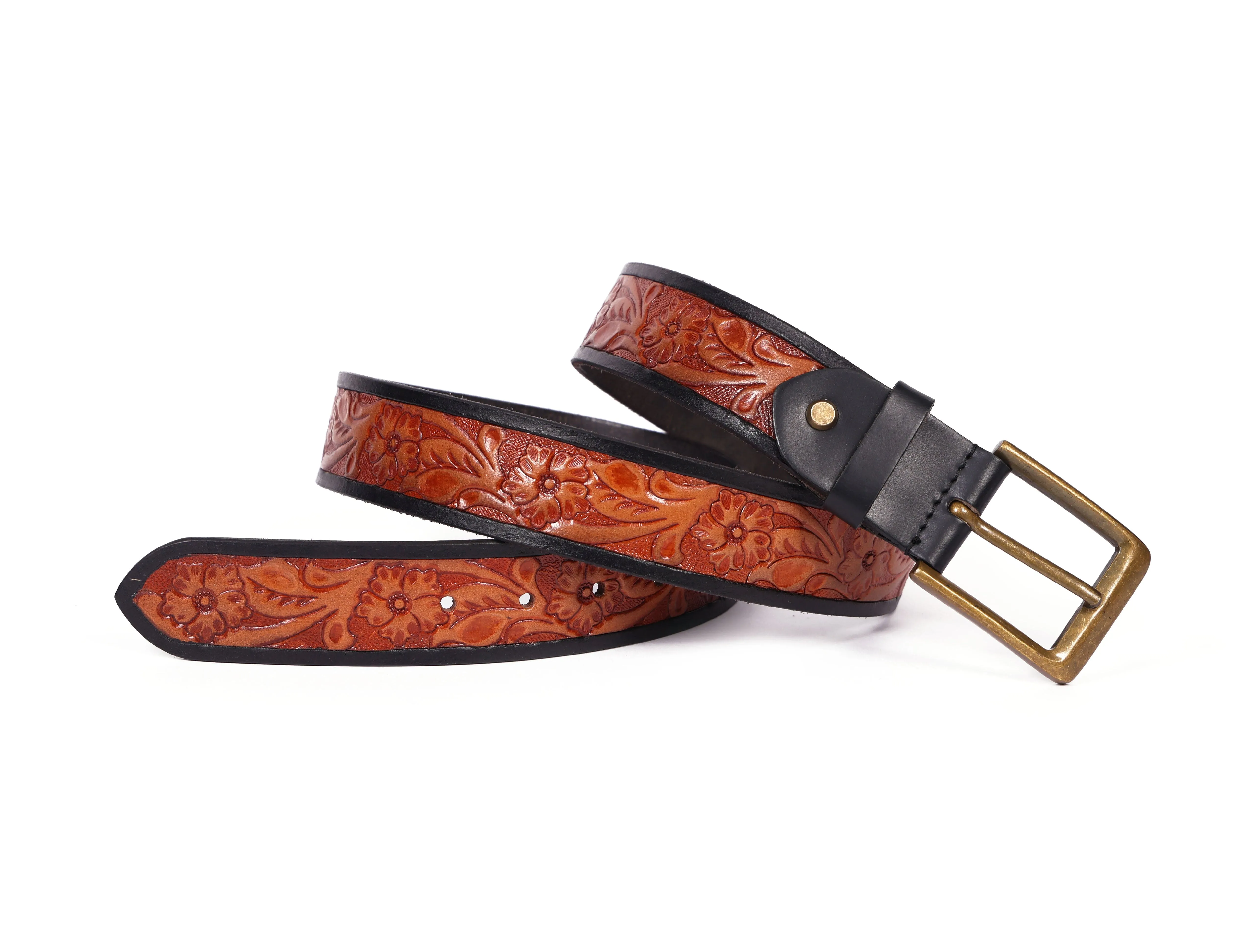 Premium Hand-Made Brown and Black Tooling Belt with Brass Antique Buckle. Art: LB-802