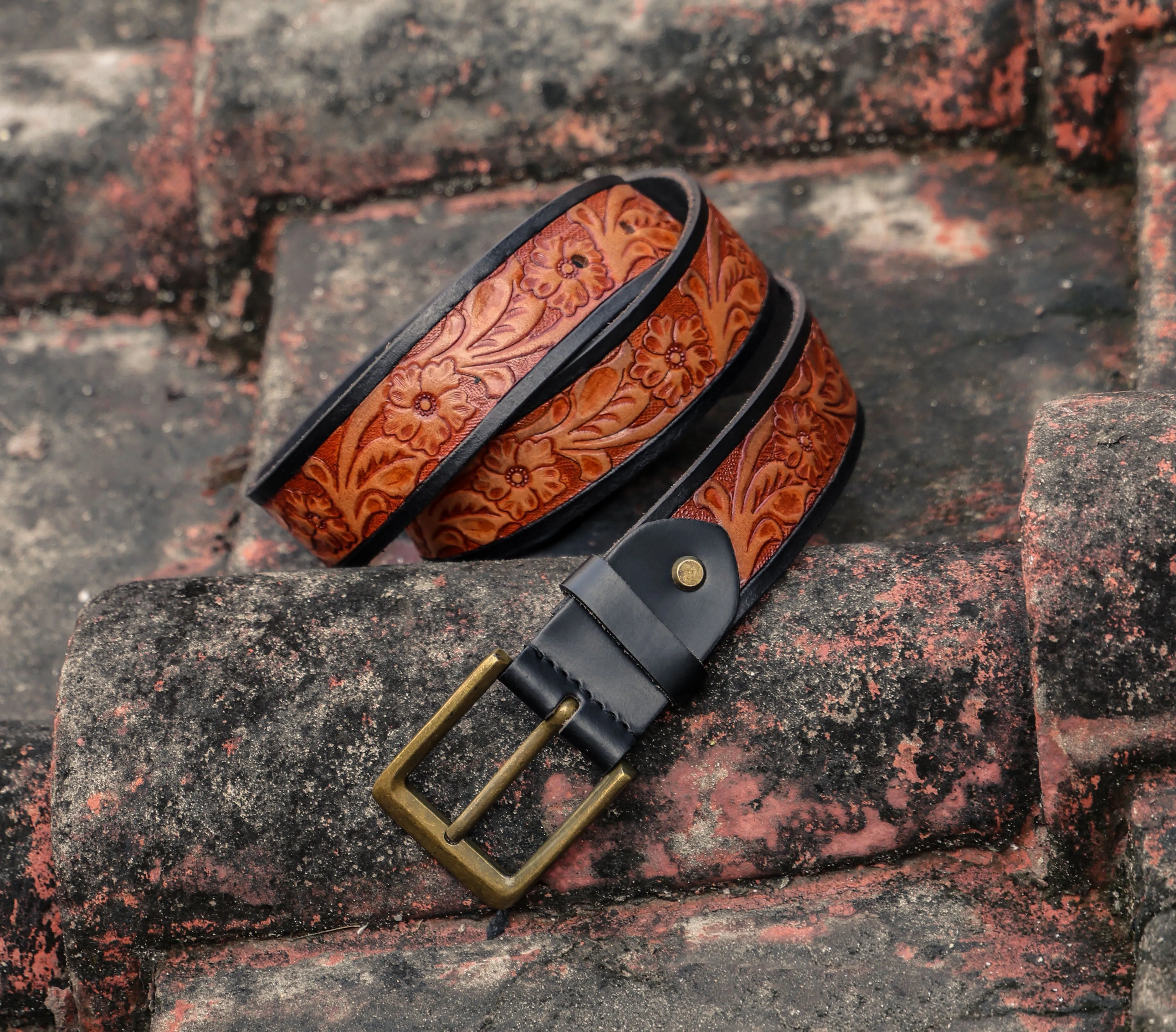 Premium Hand-Made Brown and Black Tooling Belt with Brass Antique Buckle. Art: LB-802