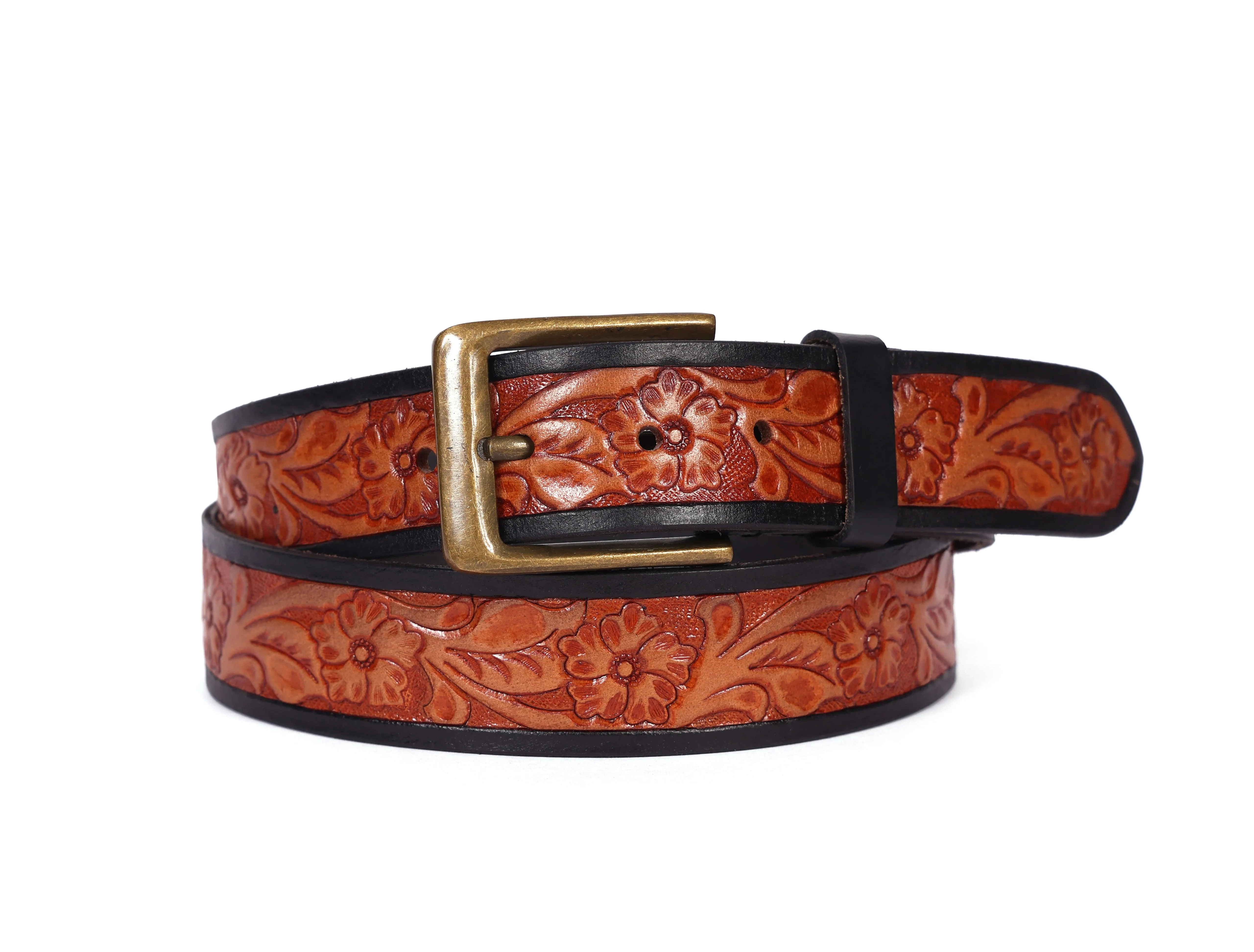 Premium Hand-Made Brown and Black Tooling Belt with Brass Antique Buckle. Art: LB-802