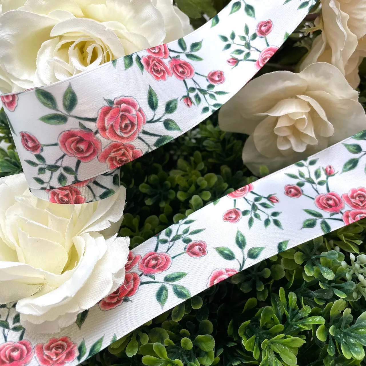 Roses ribbon pink rose buds and blooms printed on 1.5" satin