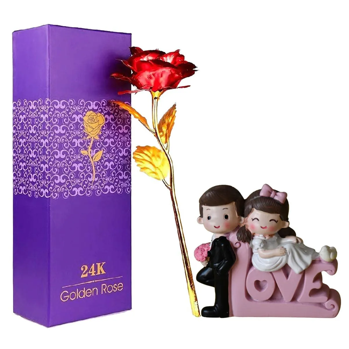 Saugat Traders Couple Love Gift Set for Girlfriend, Boyfriend - Artificial Golden Red Rose and Romantic Love Couple Showpiece - Valentines Day