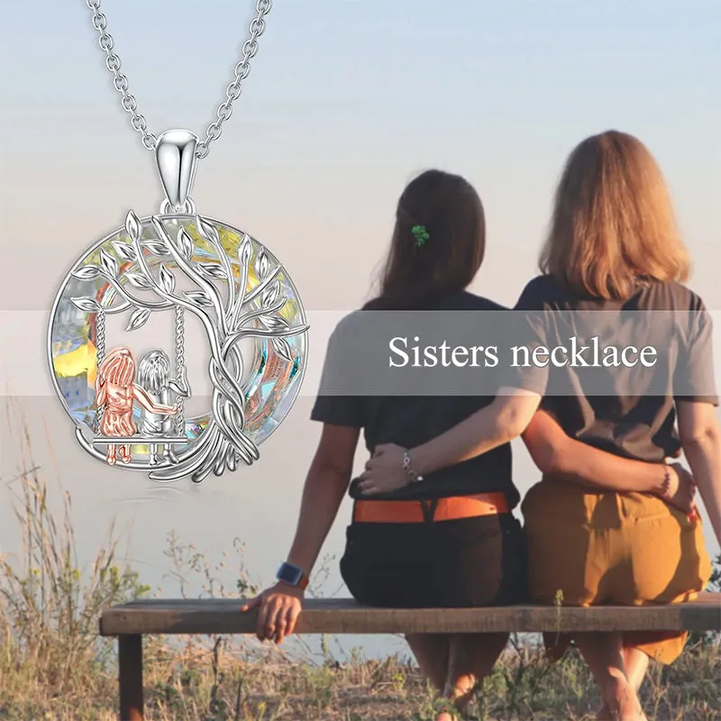 Sisters Gifts 925 Sterling Silver Tree of Life 2 Sisters Necklace with Crystal Sister Jewelry Gifts for Women Friend