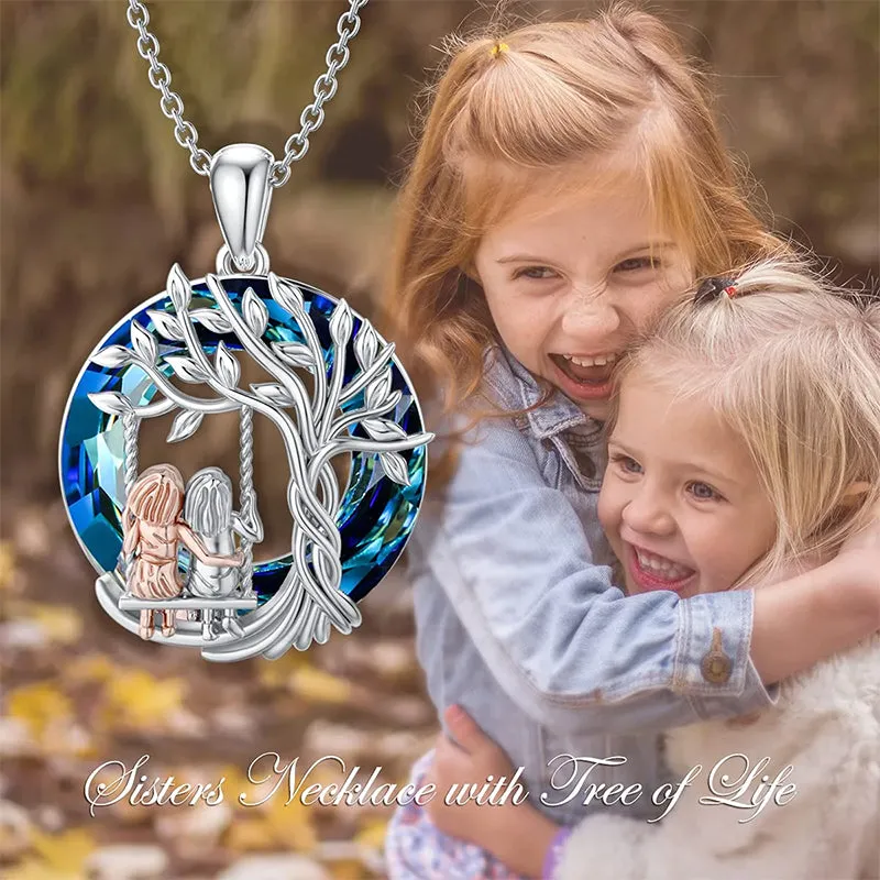 Sisters Gifts 925 Sterling Silver Tree of Life 2 Sisters Necklace with Crystal Sister Jewelry Gifts for Women Friend