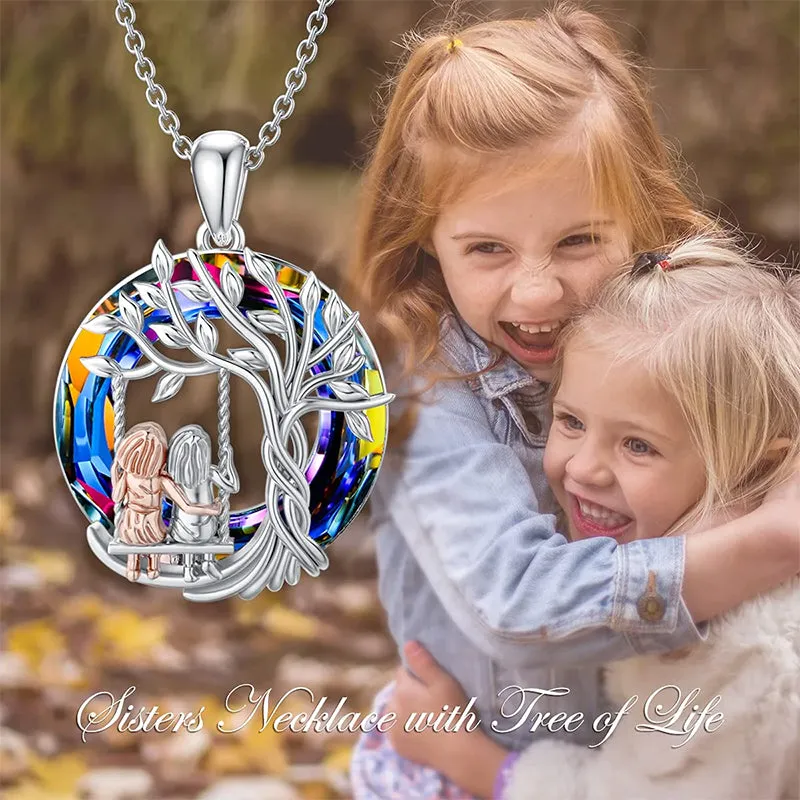 Sisters Gifts 925 Sterling Silver Tree of Life 2 Sisters Necklace with Crystal Sister Jewelry Gifts for Women Friend