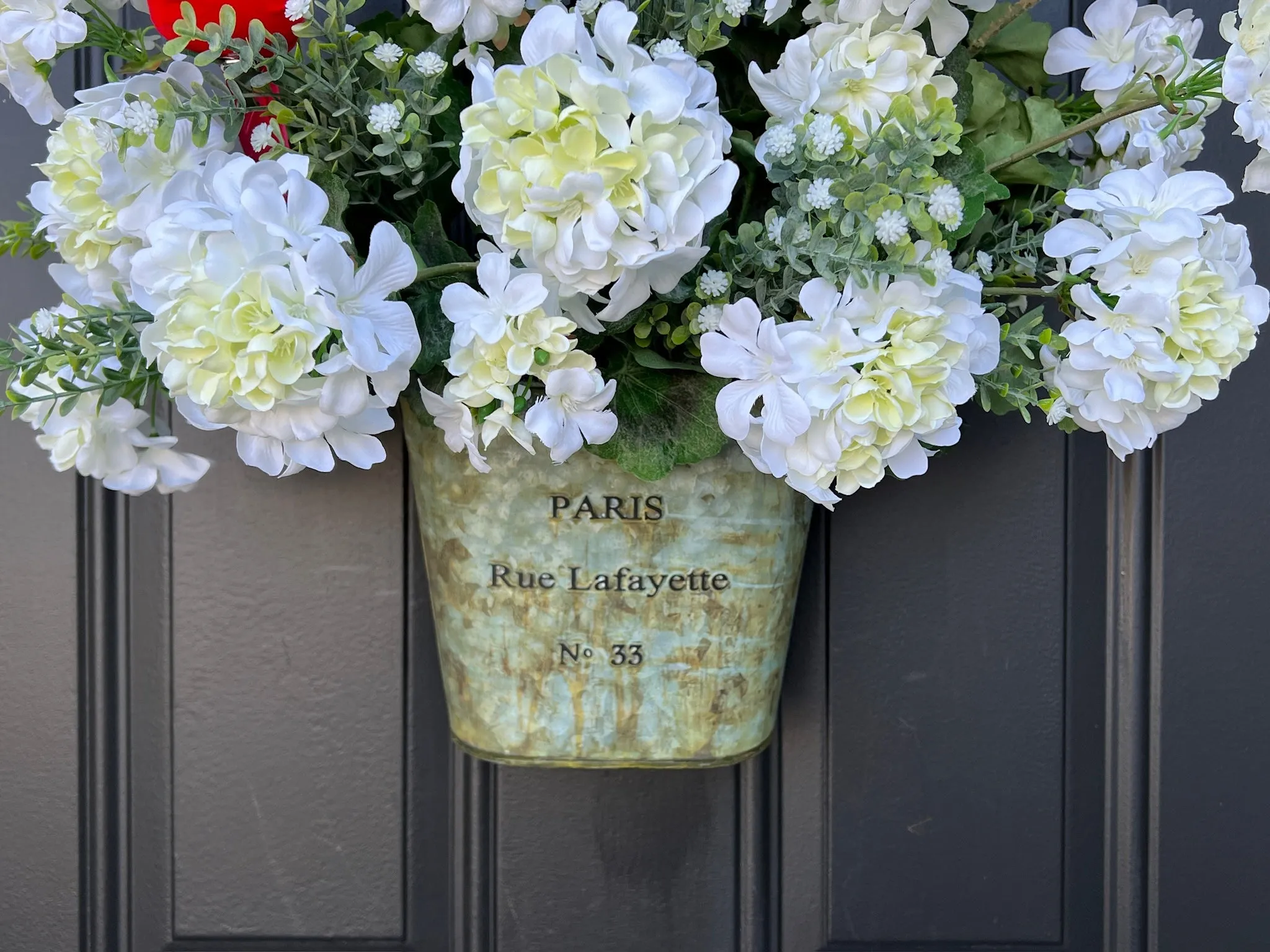 Spring White Geranium Bucket with Cardinal