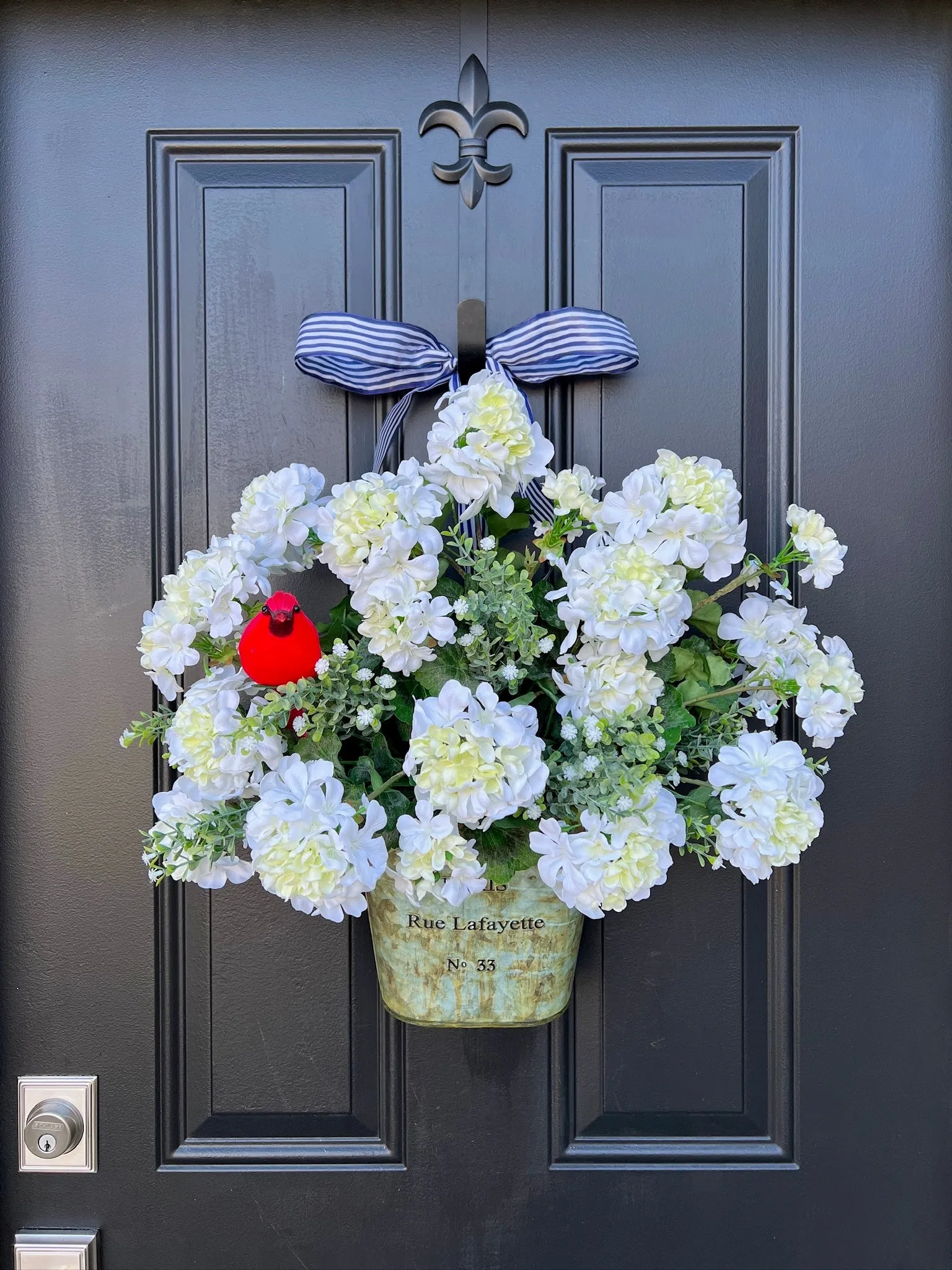 Spring White Geranium Bucket with Cardinal