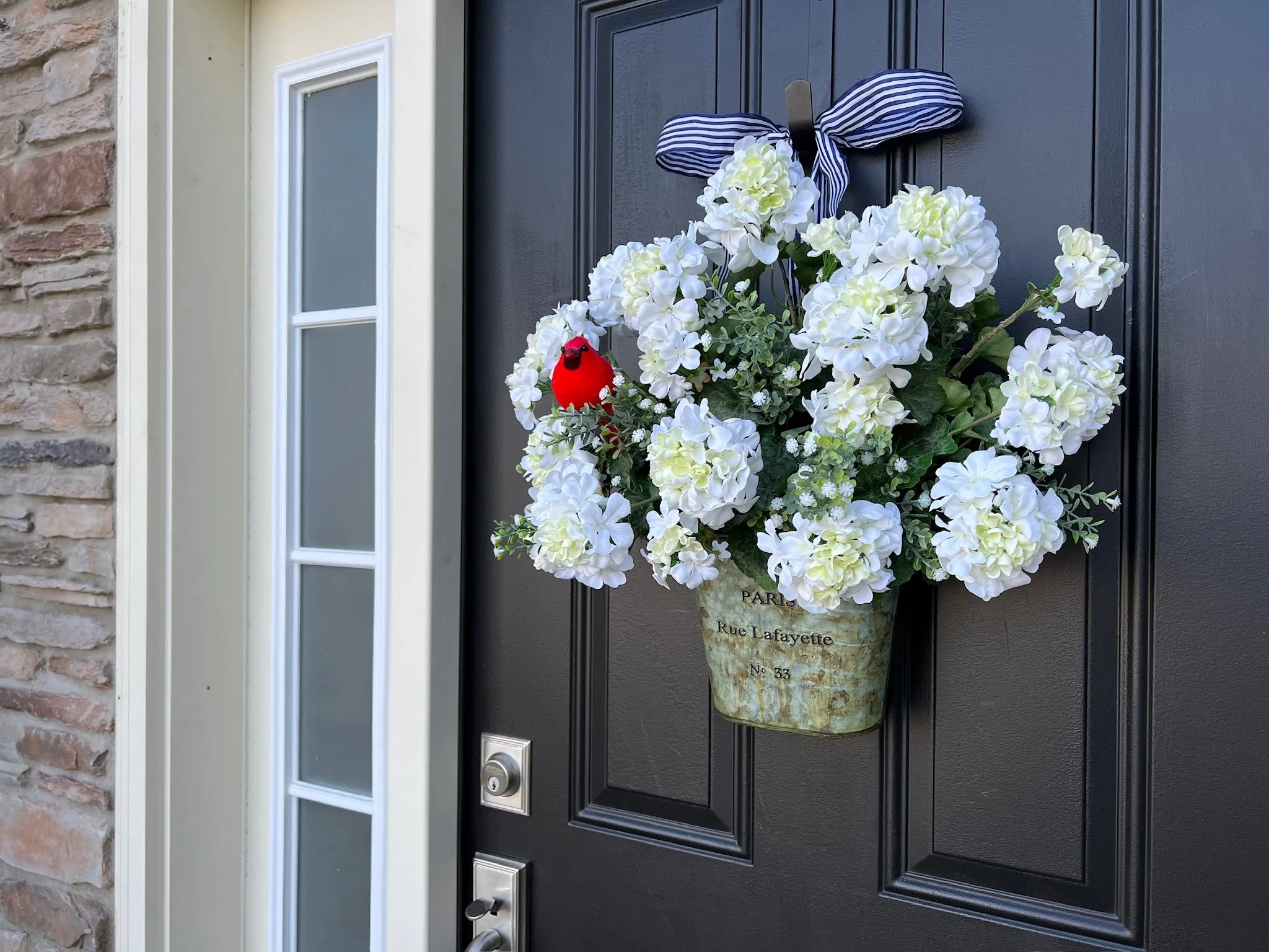 Spring White Geranium Bucket with Cardinal