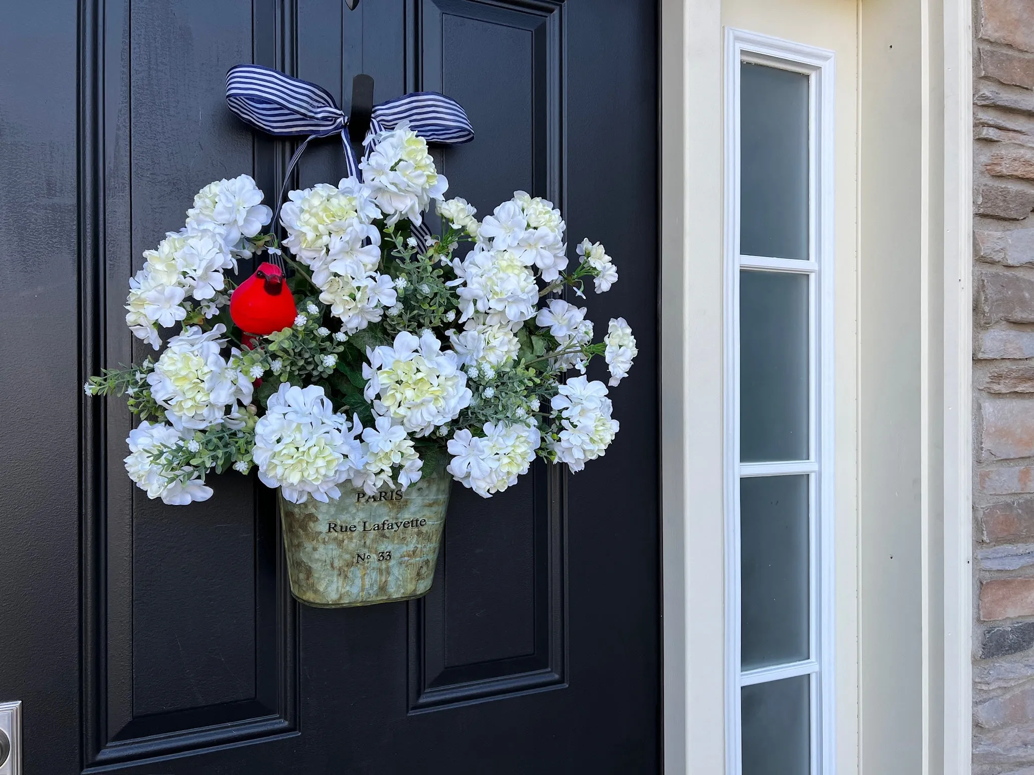 Spring White Geranium Bucket with Cardinal