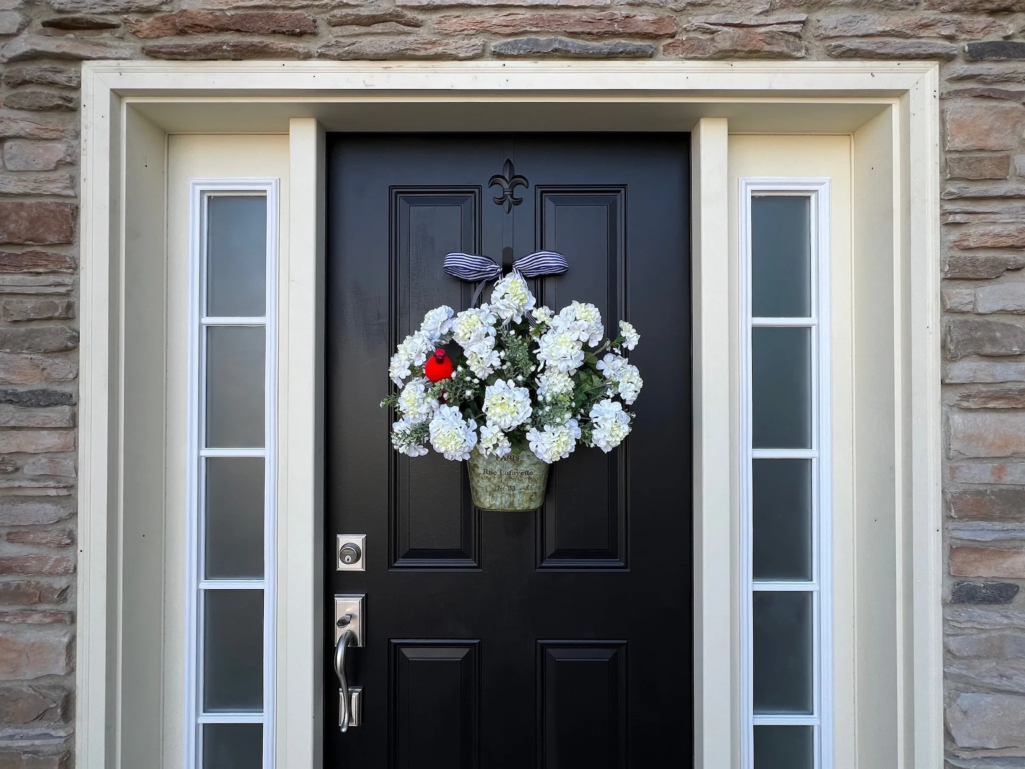 Spring White Geranium Bucket with Cardinal