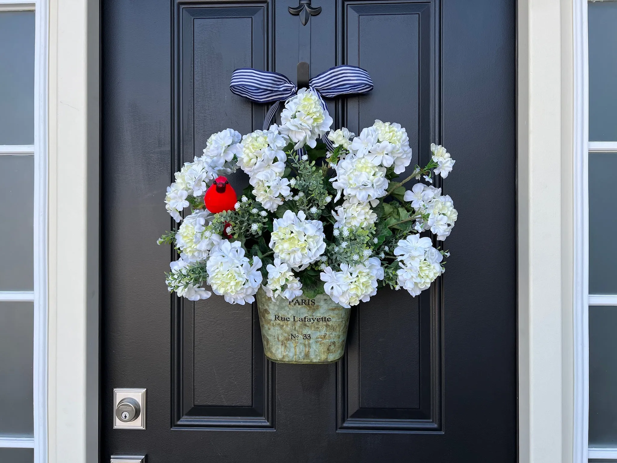 Spring White Geranium Bucket with Cardinal