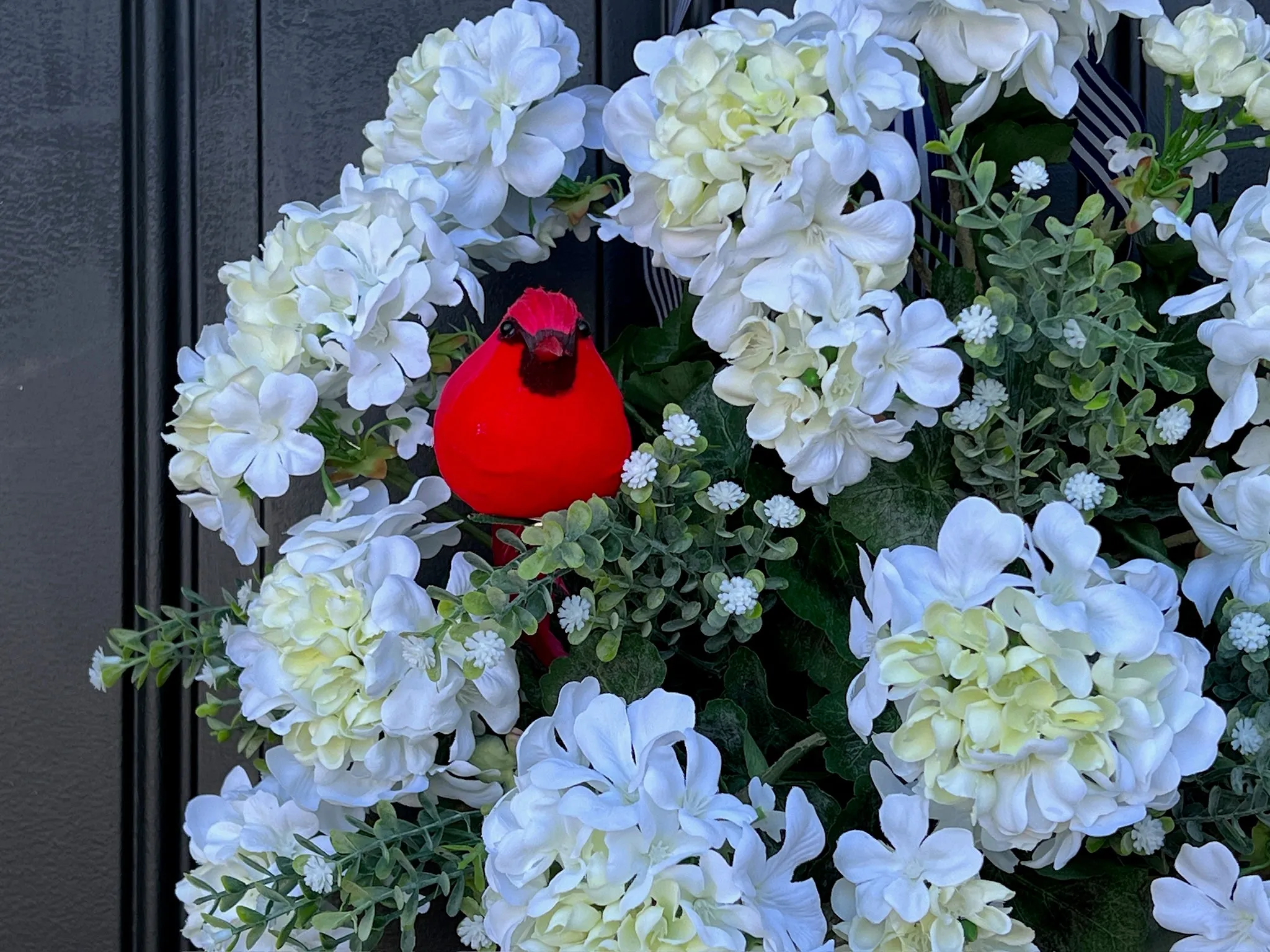 Spring White Geranium Bucket with Cardinal