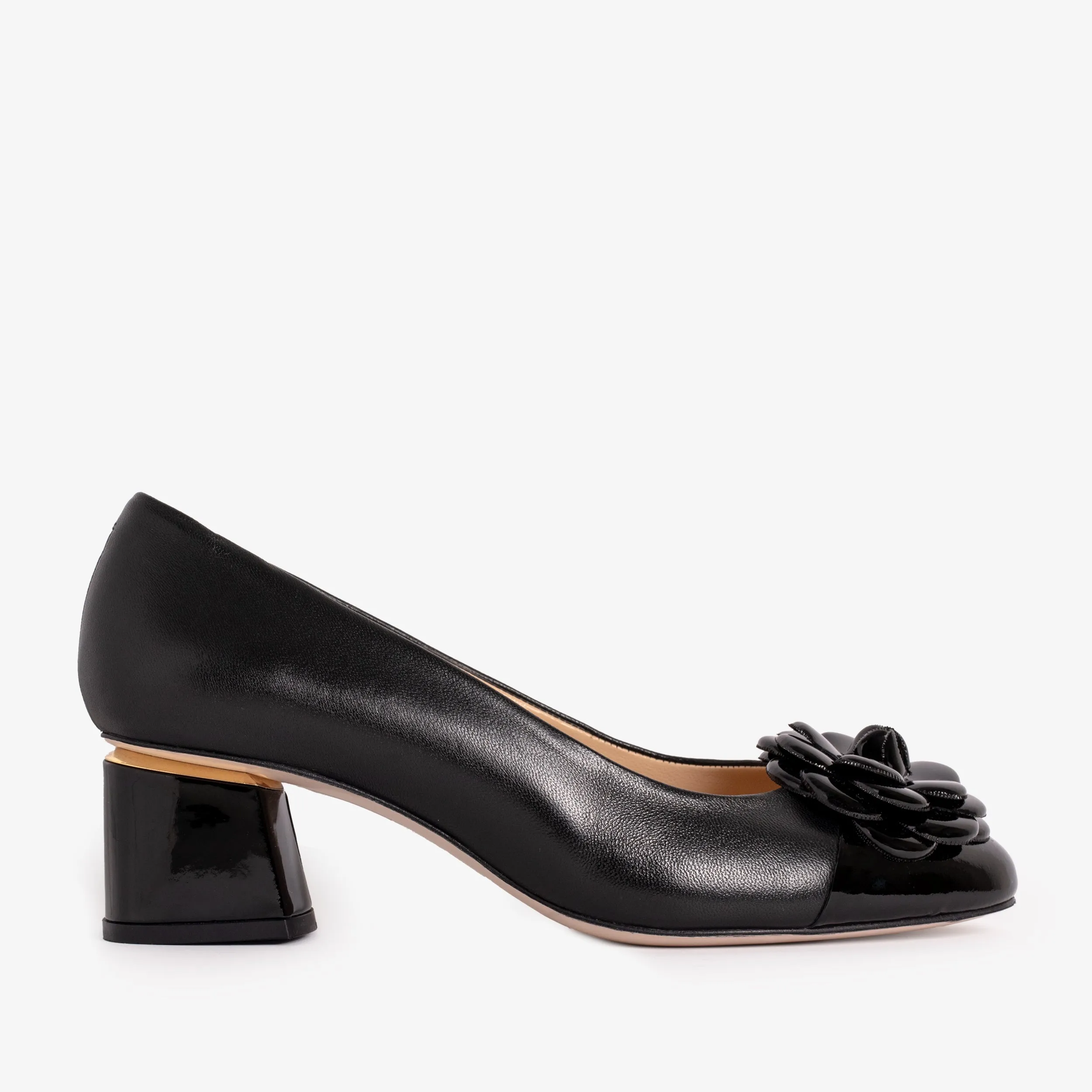 The Diva Black Leather Cap Toe Block Heel Pump Women Shoe