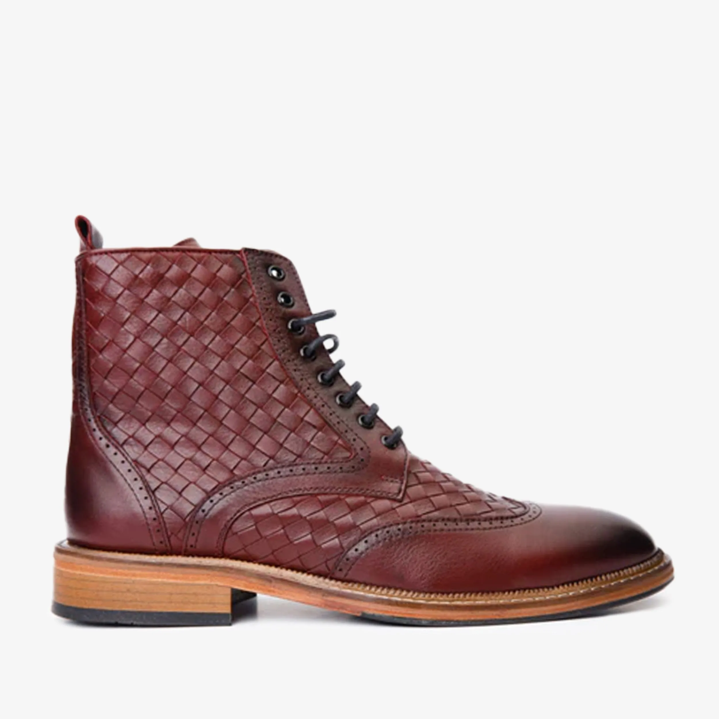 The Loddon Burgundy Leather Wingtip Brogue Handwoven Lace-Up Men Boot with a Zipper