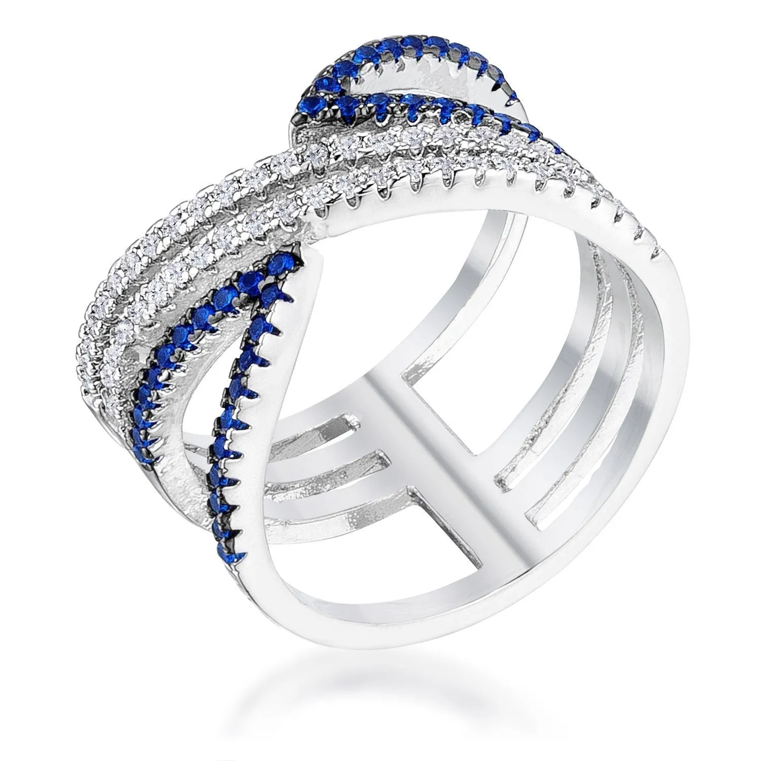 WildKlass .46Ct Rhodium Plated and Hematite Plated Blue and Clear CZ Micro Pave Crossover Ring